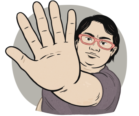 A person in pink glasses holds up their hand to say stop. 