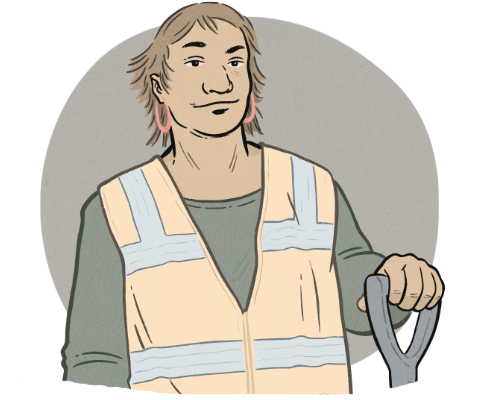 A person with a shovel and a yellow work vest. 