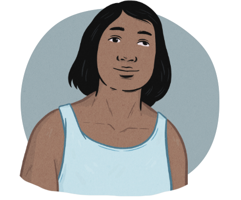 Josefin, with black hair and a blue tank top. 